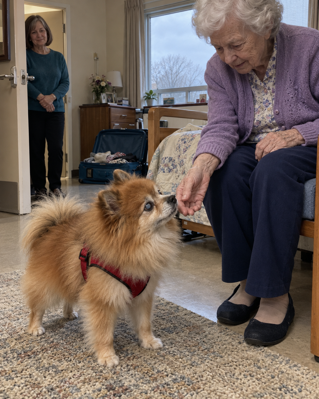 Fictional illustration of Imogene and her elderly Pomeranian Teddy settling into a nursing home together.