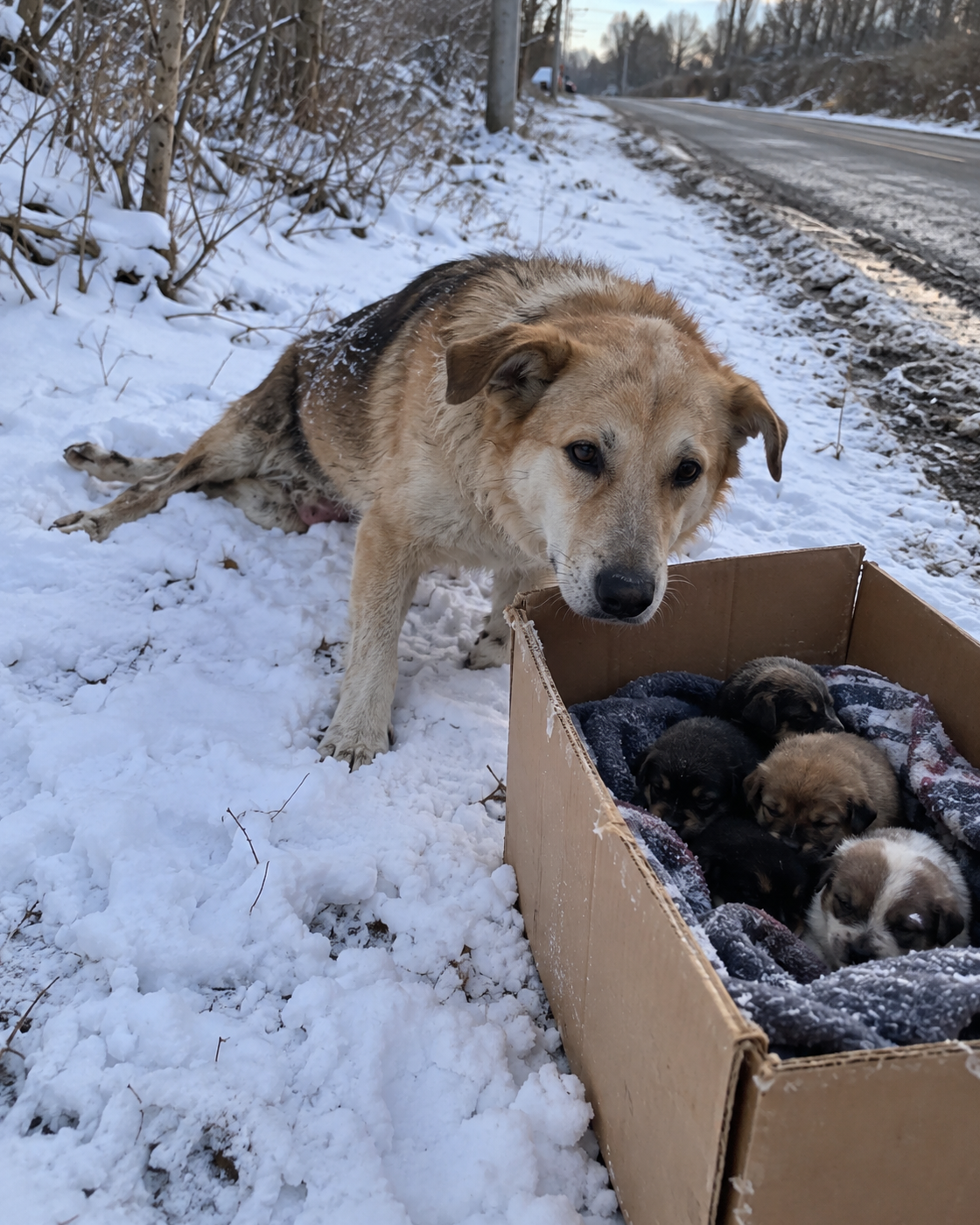 A Mother Dog Dragged Her Weak Hind Legs Through Fresh Snow—Rescuers Followed the Repeated Tracks to Four Puppies in a Cardboard Box